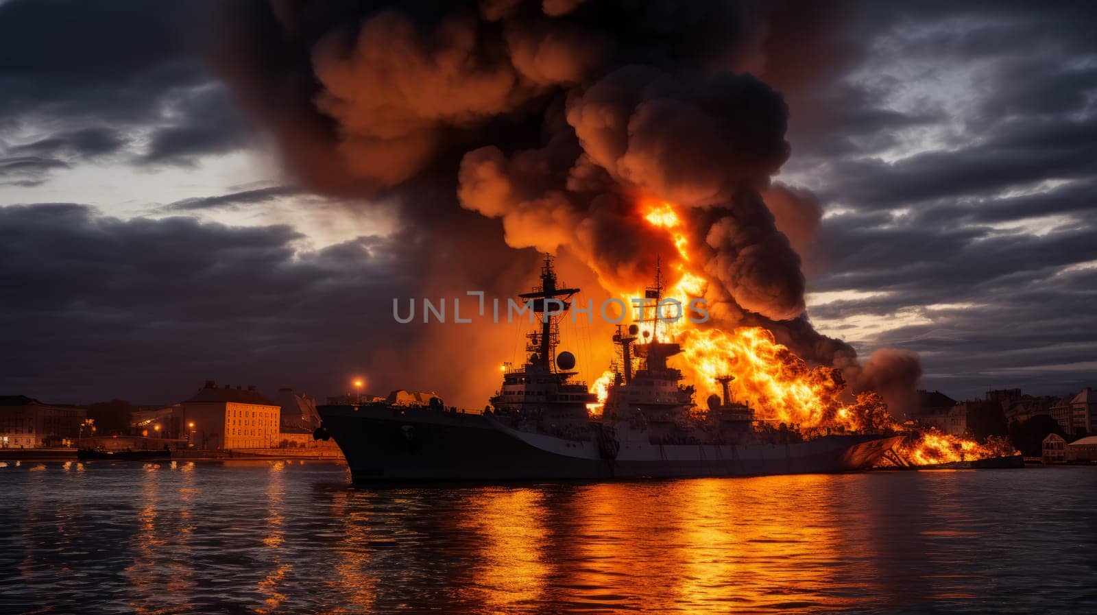 Burning naval vessel in the port. AI by but_photo