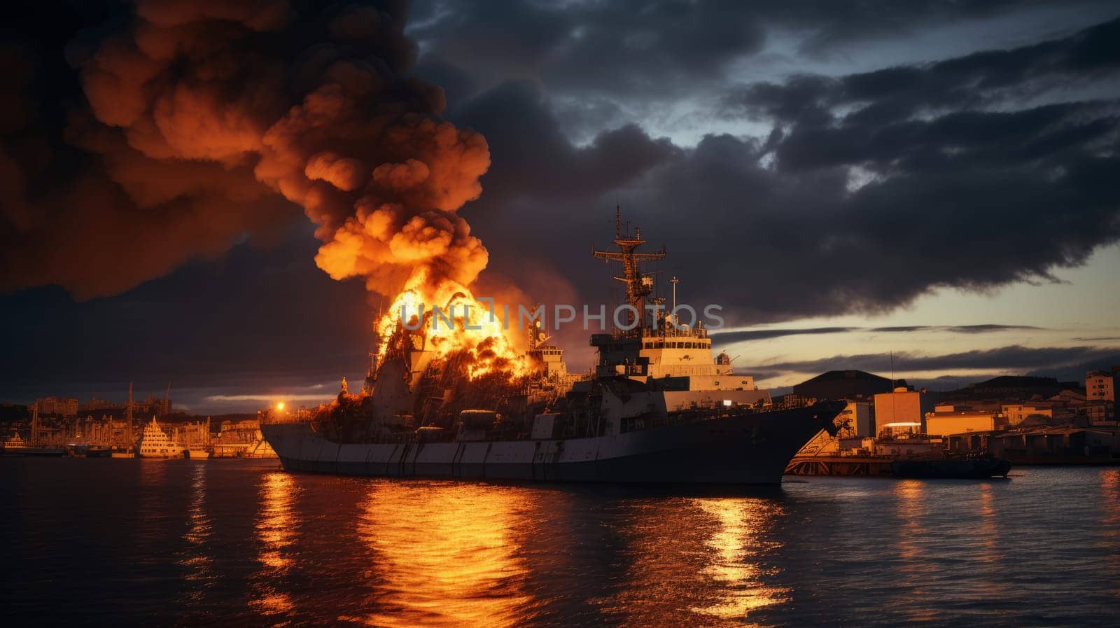 Burning naval vessel in the port. AI by but_photo