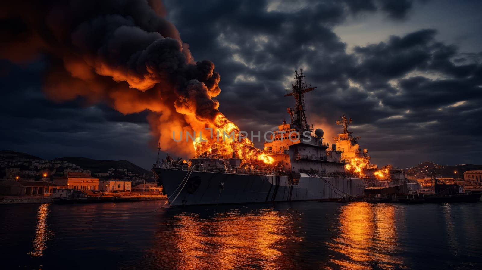 Large naval military vessel is on fire due to an explosion, an emergency dangerous situation in the seaport. AI