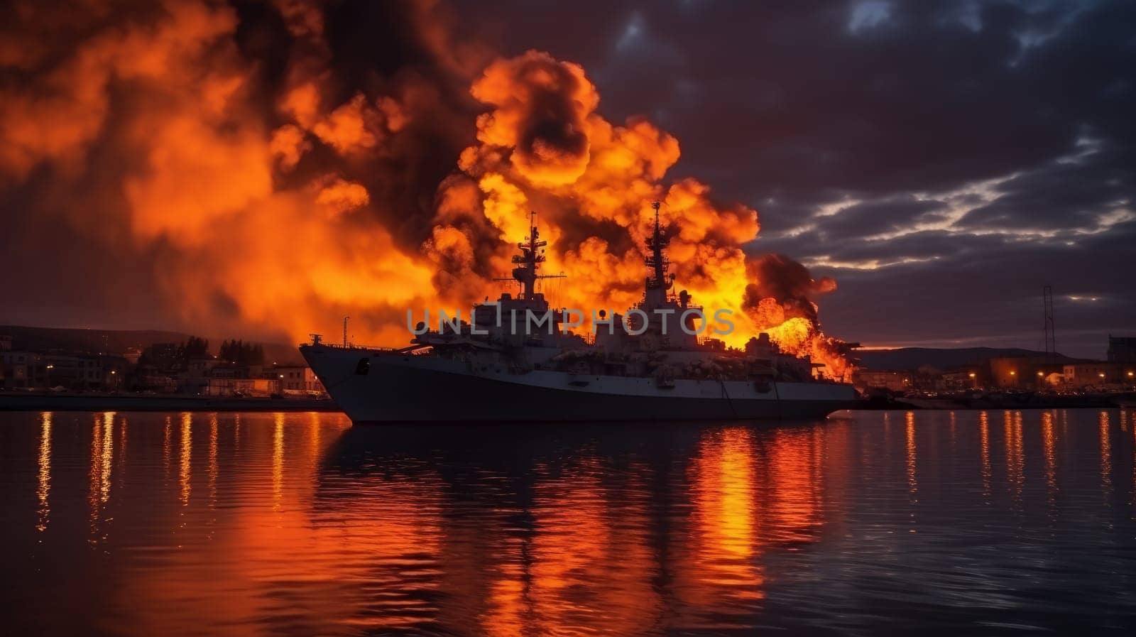 Large naval military vessel is on fire due to an explosion, an emergency dangerous situation in the seaport. AI