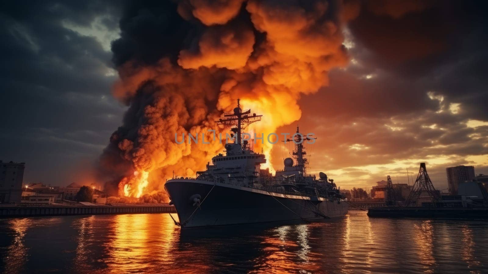 Large naval military vessel is on fire due to an explosion, an emergency dangerous situation in the seaport. AI