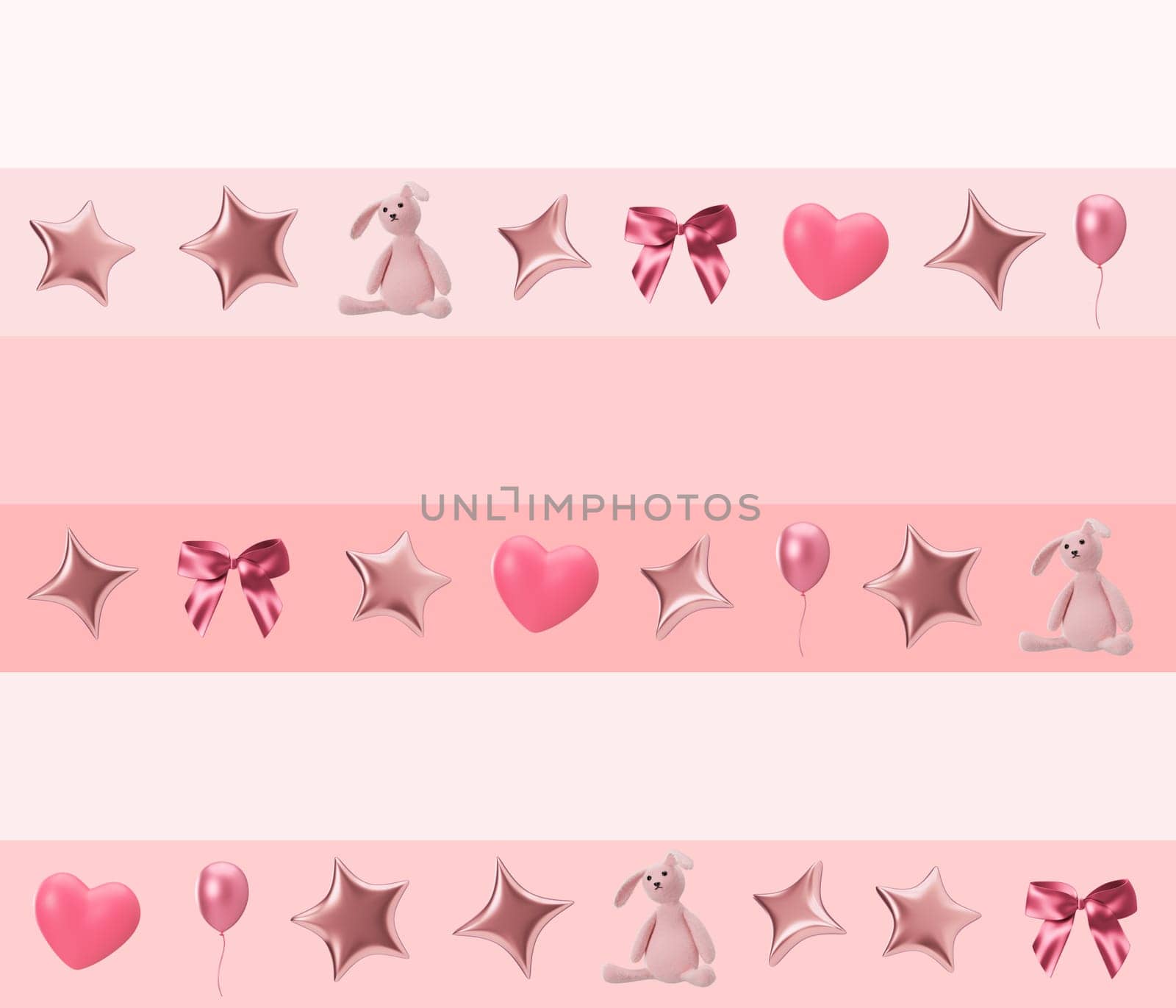 Pink seamless pattern with stars, hearts and bunnies. Applicable for fabric print, textile, wallpaper, gifts wrapping paper. Repeatable texture. Modern style, pattern for girls bedding, clothes. 3D