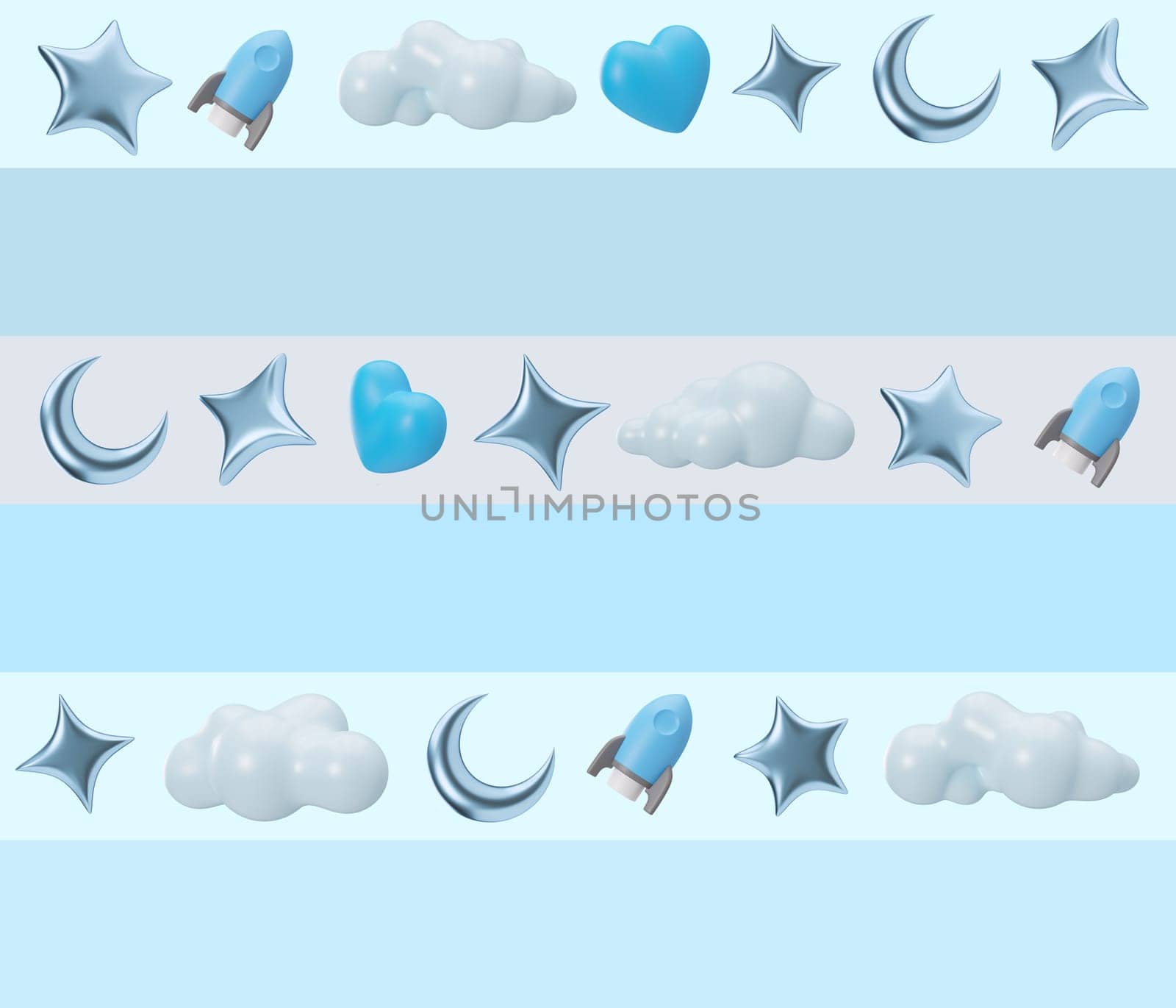 Blue seamless pattern with stars, moons and rockets. Applicable for fabric print, textile, wallpaper, gifts wrapping paper. Repeatable texture. Modern style, pattern for boys bedding, clothes. 3D