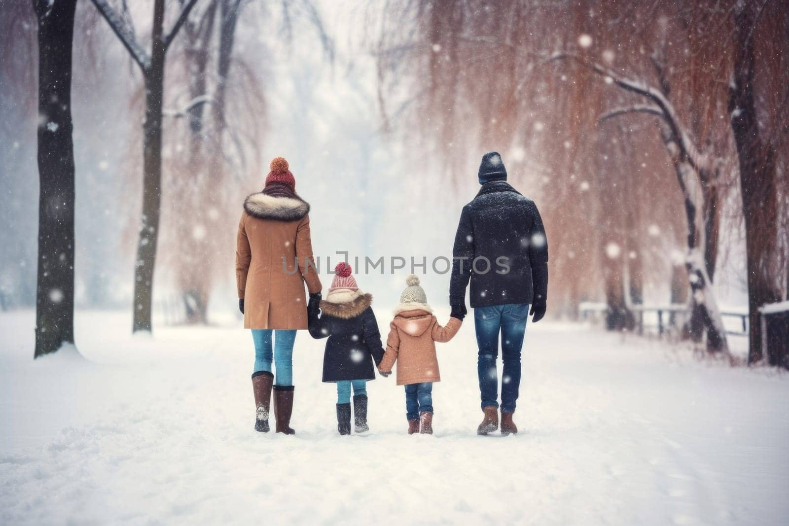 Happy family Father, mother and children are having fun and playing on snowy winter walk in nature. comeliness