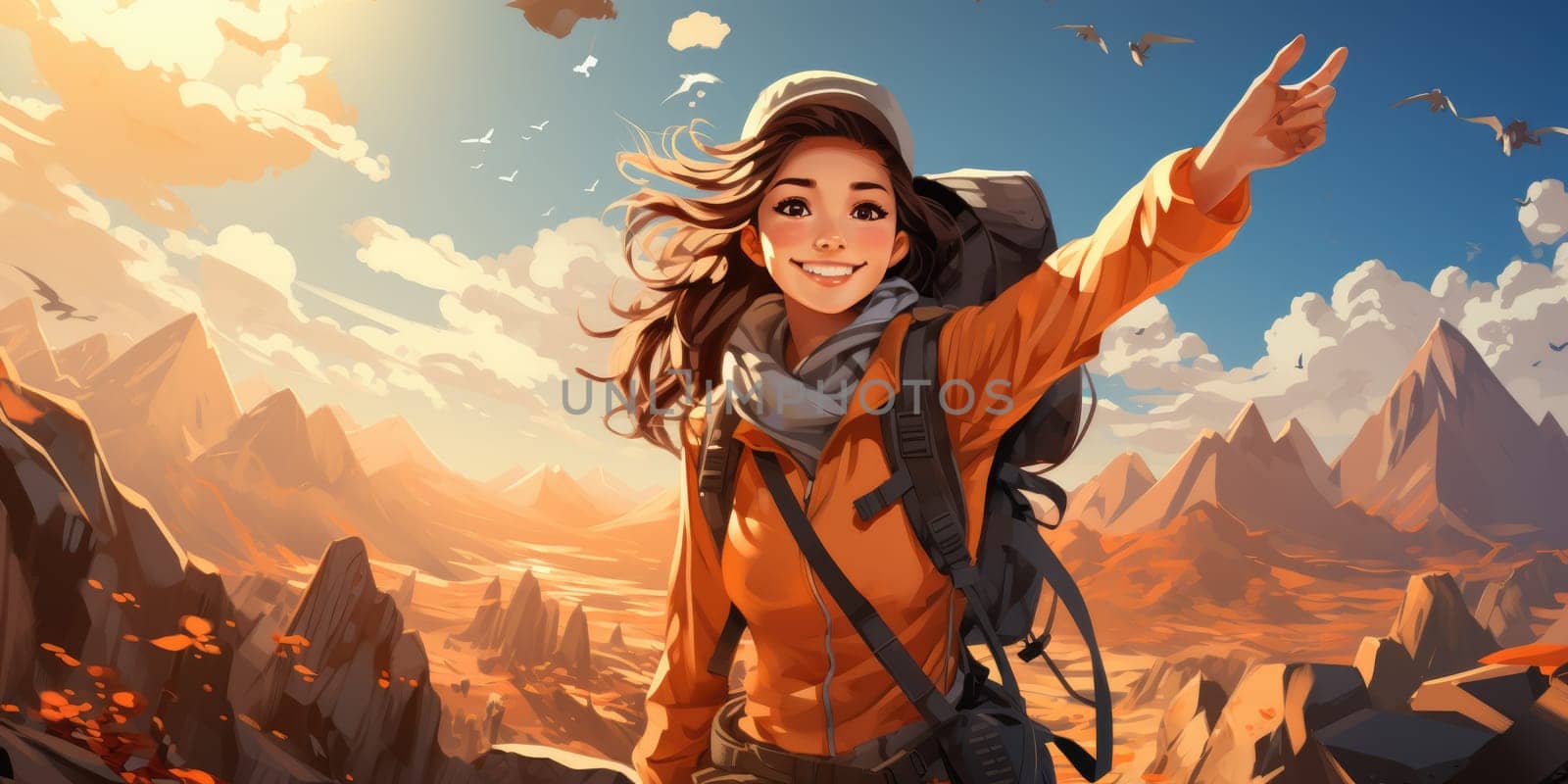 Happy hiker woman with hat making selfie photo portrait background tent mountain. AI Generated by Desperada