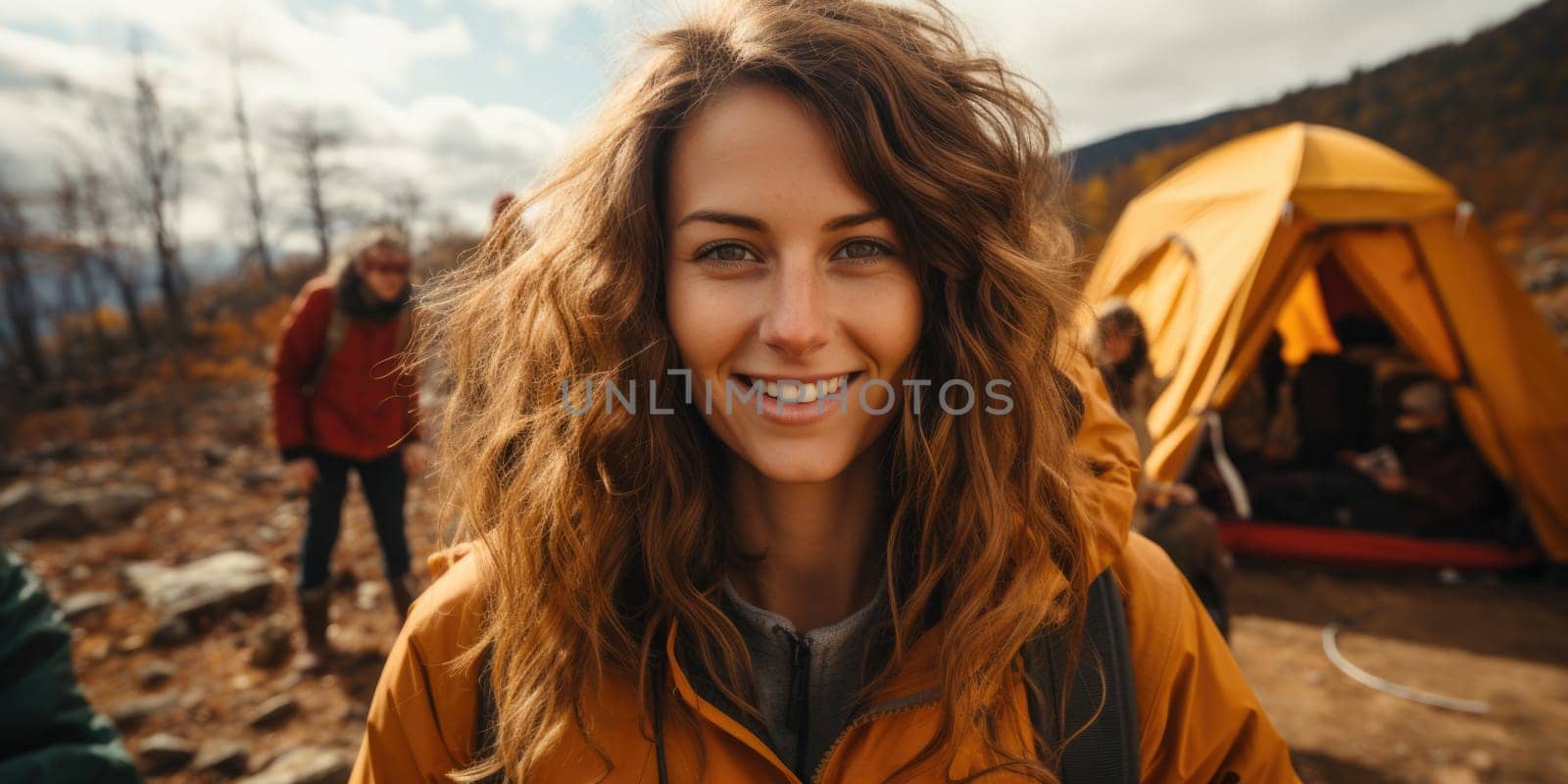 Happy hiker woman with hat making selfie photo portrait background tent mountain. AI Generated by Desperada