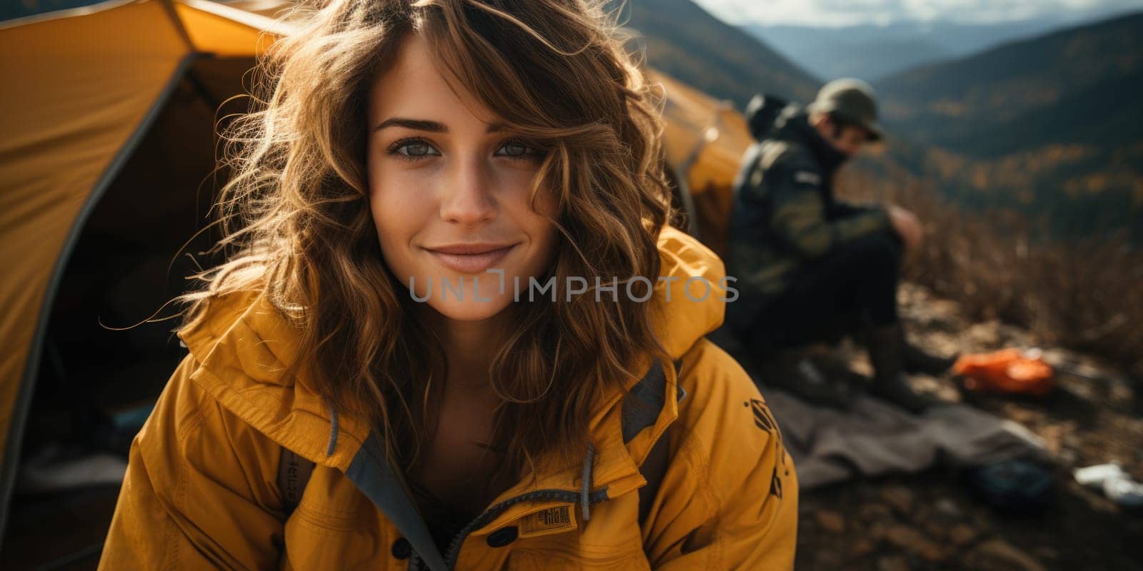 Happy hiker woman with hat making selfie photo portrait background tent mountain. Concept travel blogger, adventure life trip. AI Generated