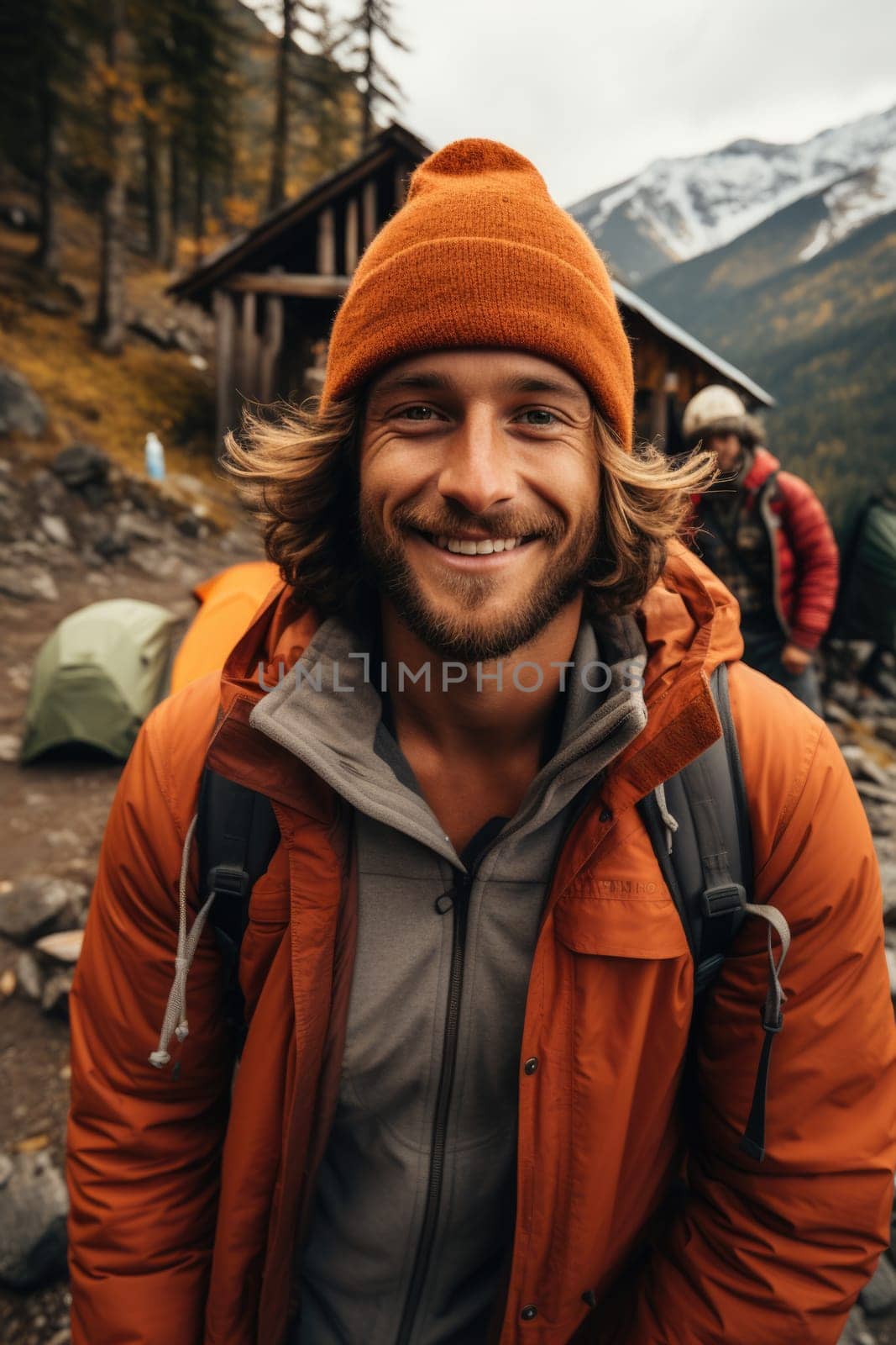 Happy hiker man with hat making selfie photo portrait background tent mountain. AI Generated by Desperada