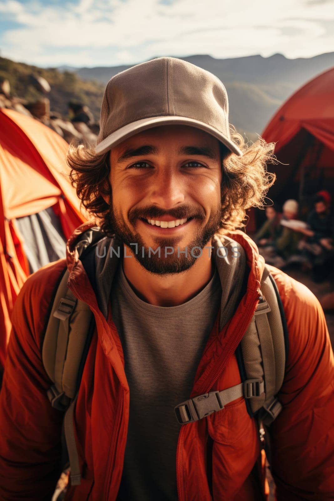 Happy hiker man with hat making selfie photo portrait background tent mountain. AI Generated by Desperada