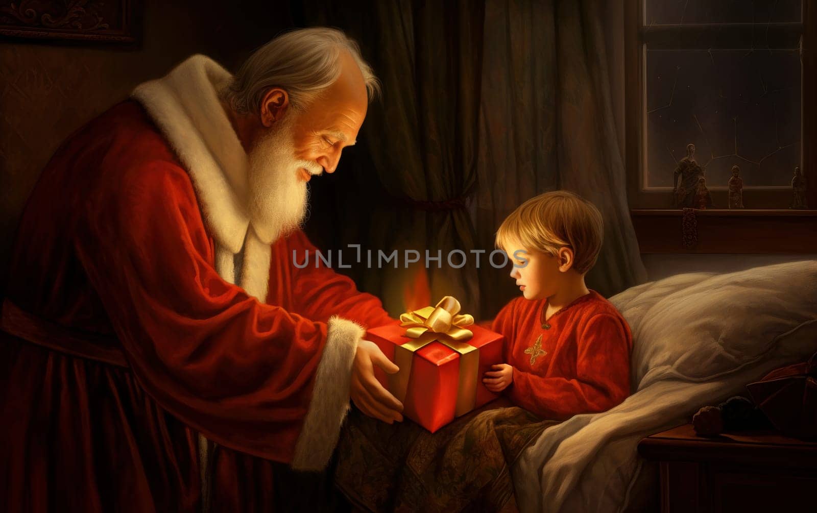 A little boy woke up on Christmas Eve night from a visit from St. Nicholas, who came to leave a gift. Christmas miracle, winter family holiday with Santa Claus, follower of Saint Nicholas AI