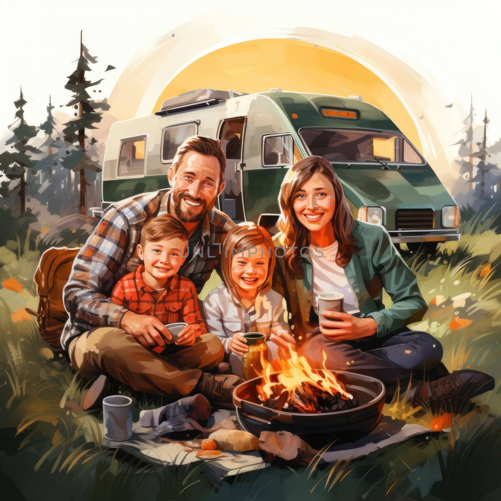 Happy family with a child on a picnic sit by the fire near the tent and grill a barbecue in a pine forest. Camping, recreation, hiking. AI Generated