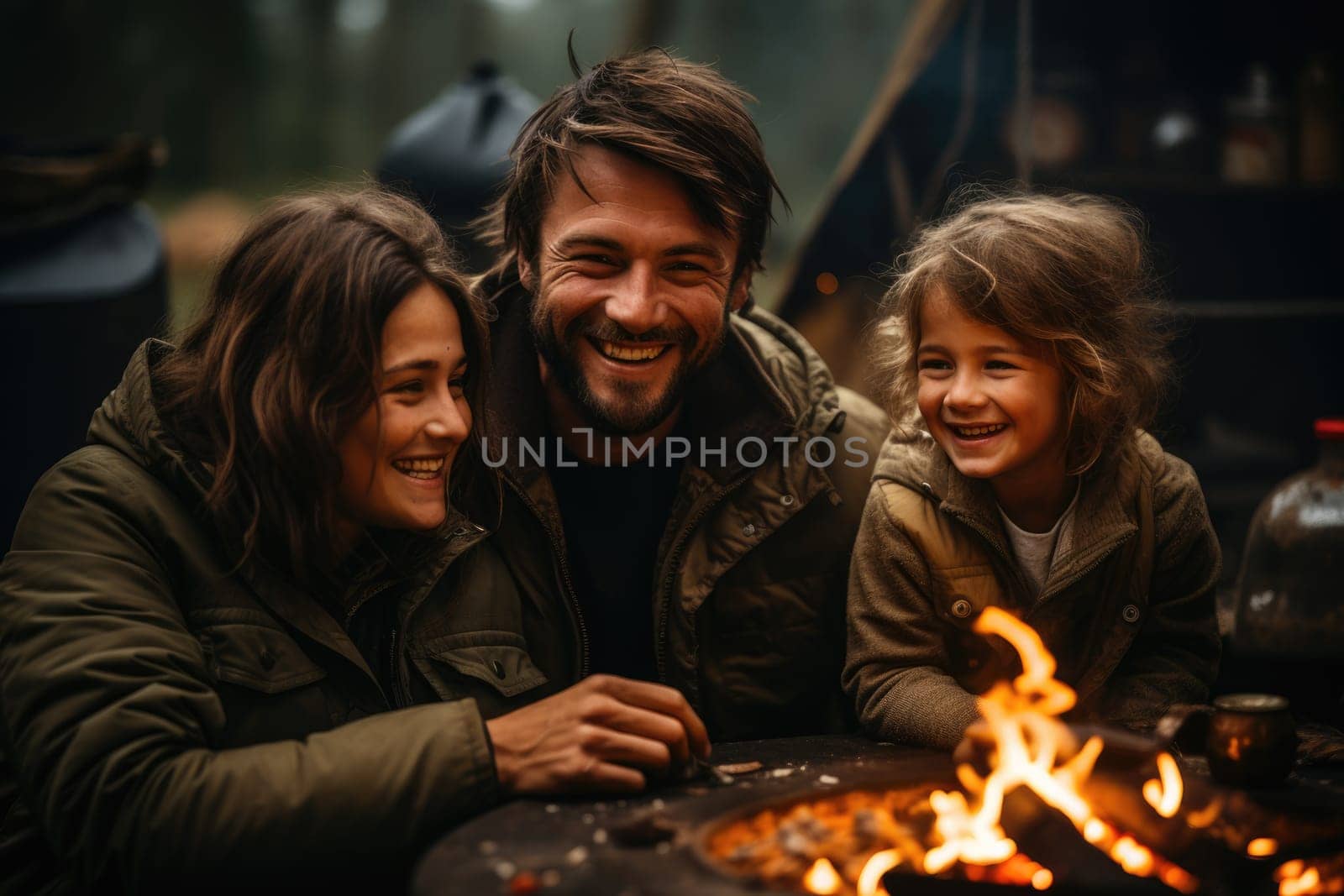 Happy family with a child on a picnic sit by the fire near the tent and grill a barbecue in a pine forest. Camping, recreation, hiking. AI Generated