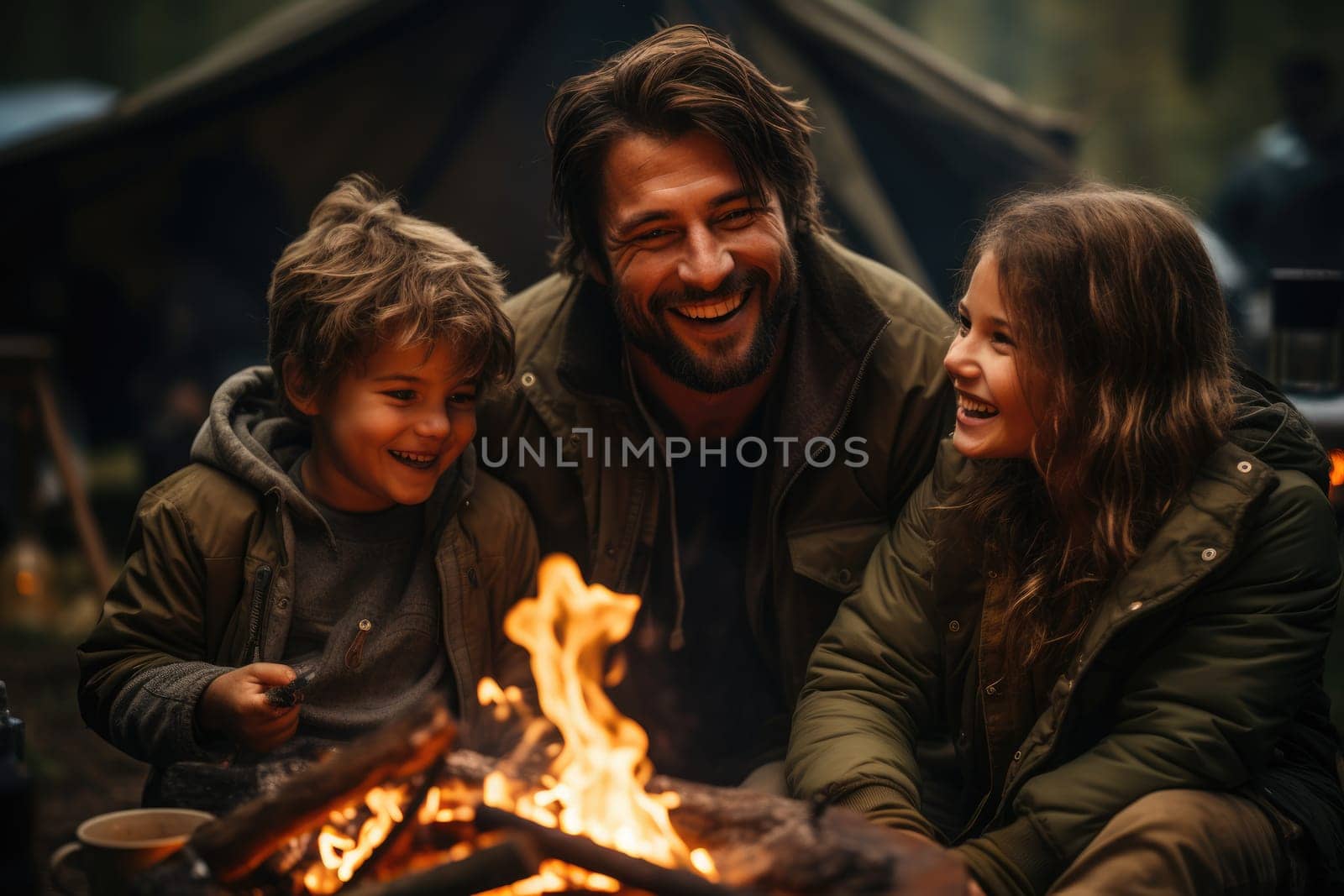 Happy family with a child on a picnic sit by the fire near the tent and grill a barbecue in a pine forest. AI Generated by Desperada
