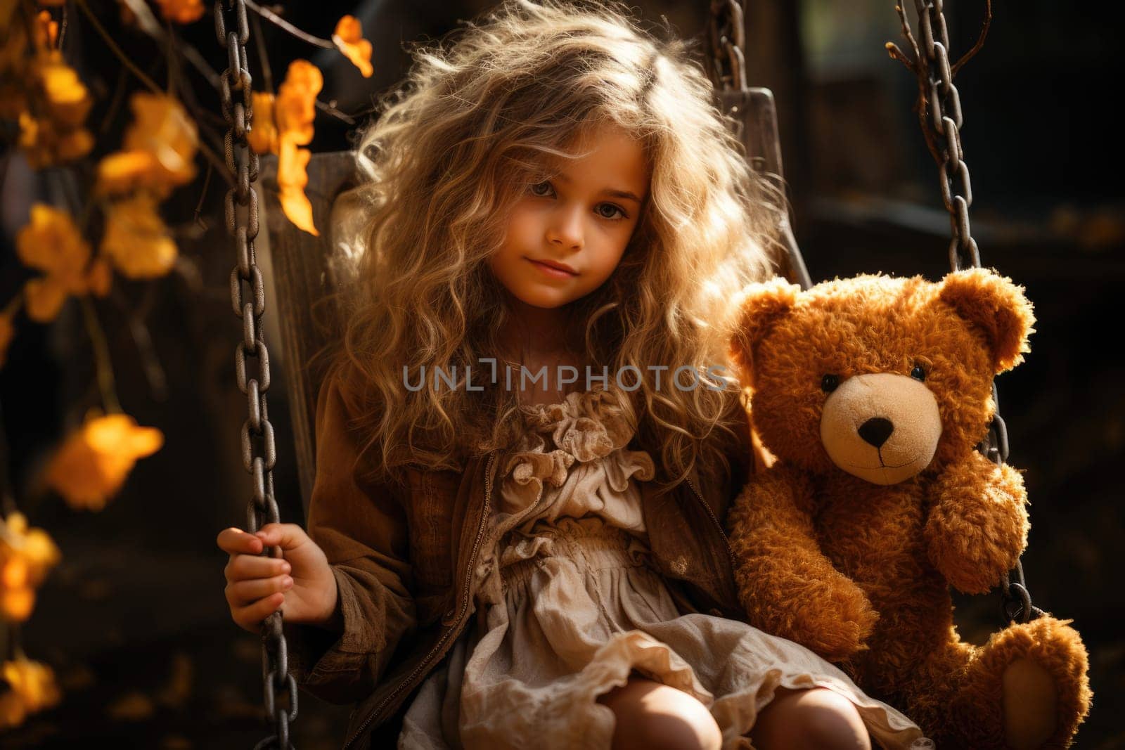 little girl swings a teddy bear on a swing in the yard at autumn day. AI Generated