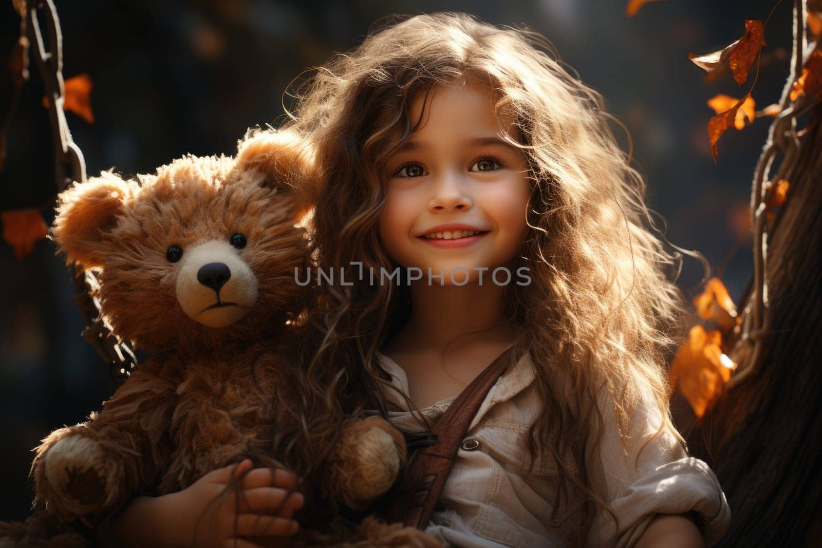 little girl swings a teddy bear on a swing in the yard at autumn day. AI Generated