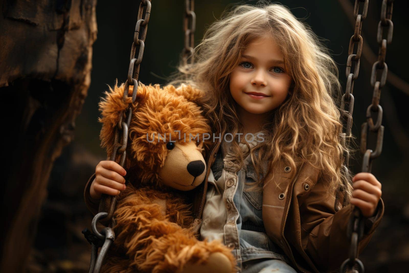 little girl swings a teddy bear on a swing in the yard at autumn day. AI Generated