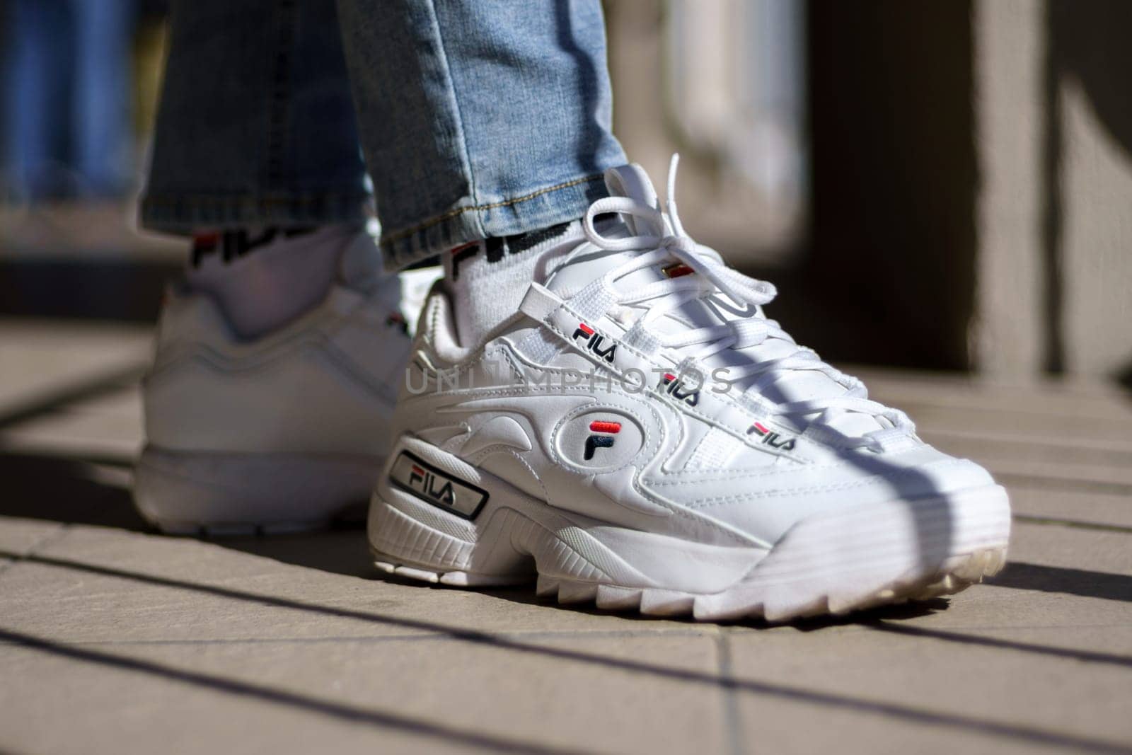 Tyumen, Russia-September 23, 2023: Fila shoe, model disruptor 2 white popular.