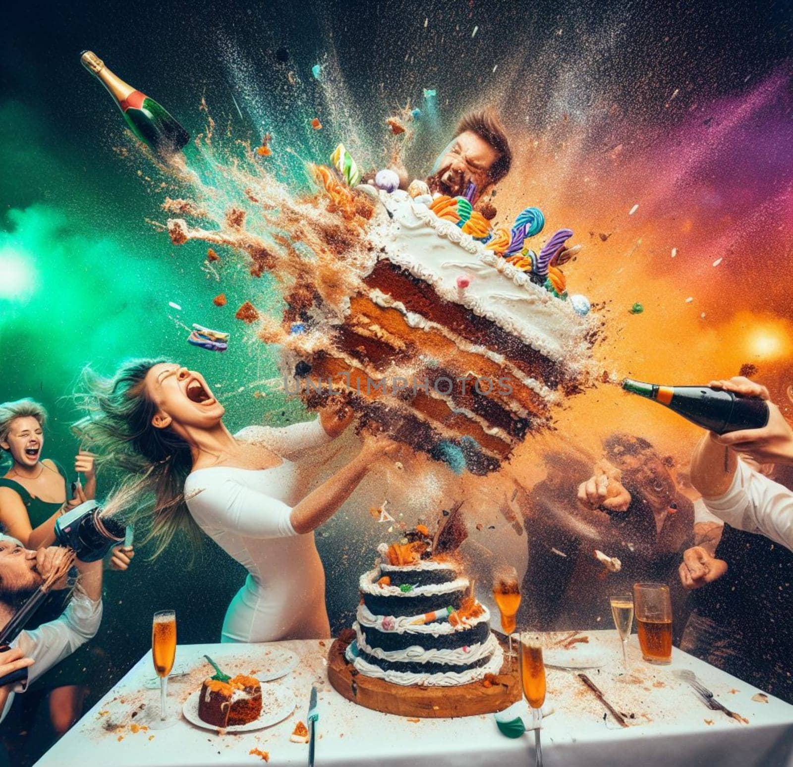 group elegant people celebrate toxic gala birthday at club throw cake splash wine wild party dance shout laugh art generated ai