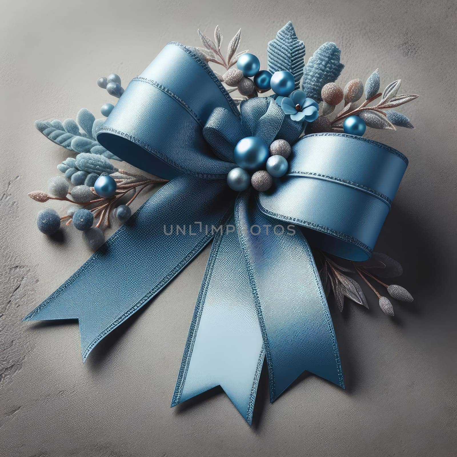 Close-up of open gift box against light blue background. Blue gift ribbon with a bow against a gray background