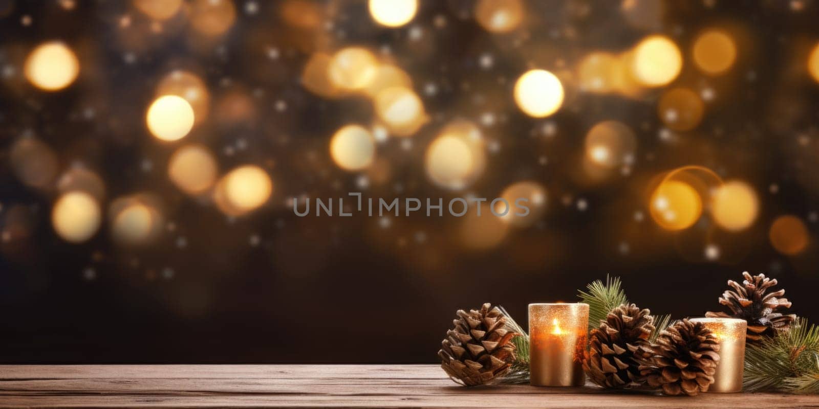 Merry Christmas and Happy New Year background with empty wooden table over Christmas tree and blurred light bokeh. Empty display for product placement. Rustic vintage Xmas 2024 background. comeliness