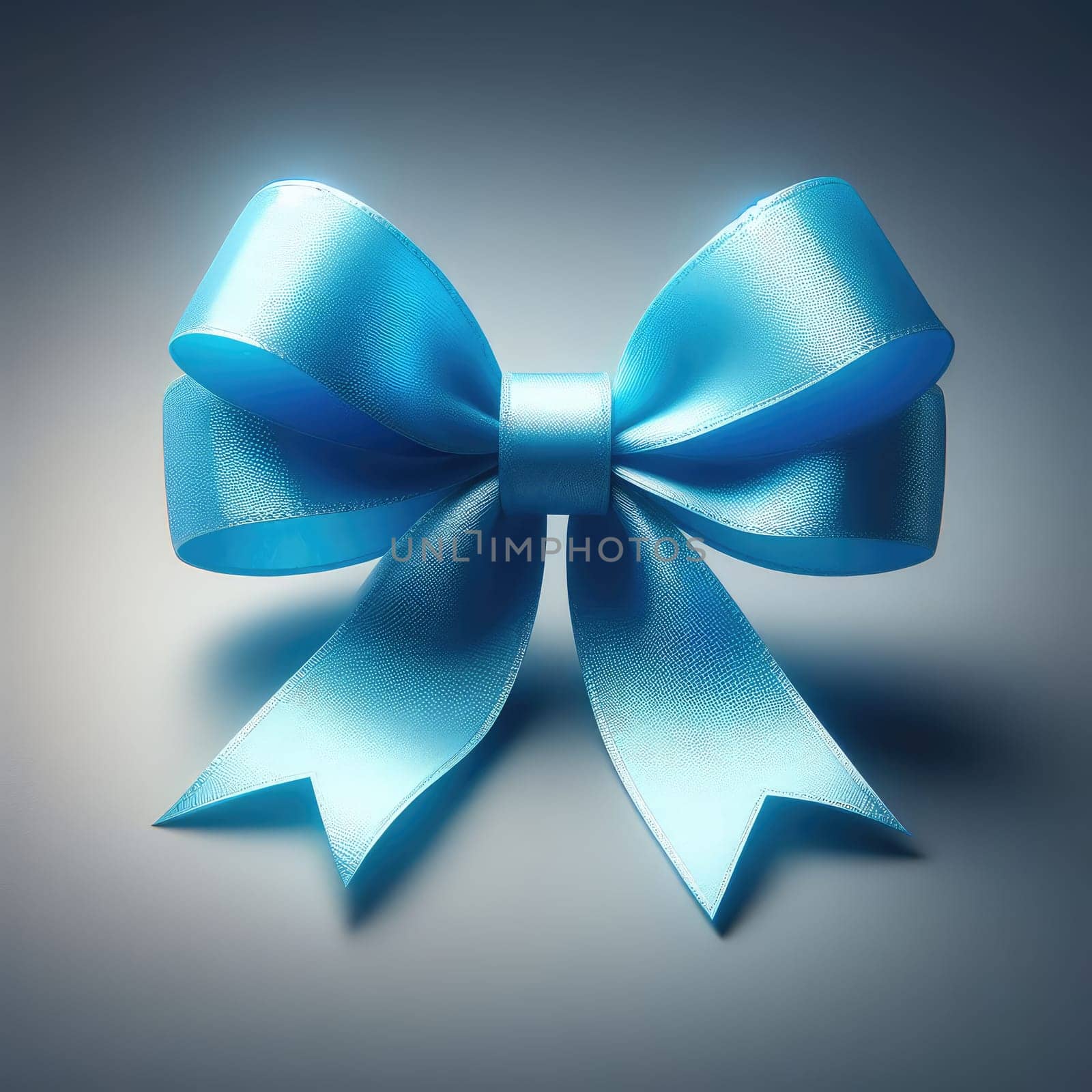 Close-up of open gift box against light blue background. Blue gift ribbon with a bow against a gray background