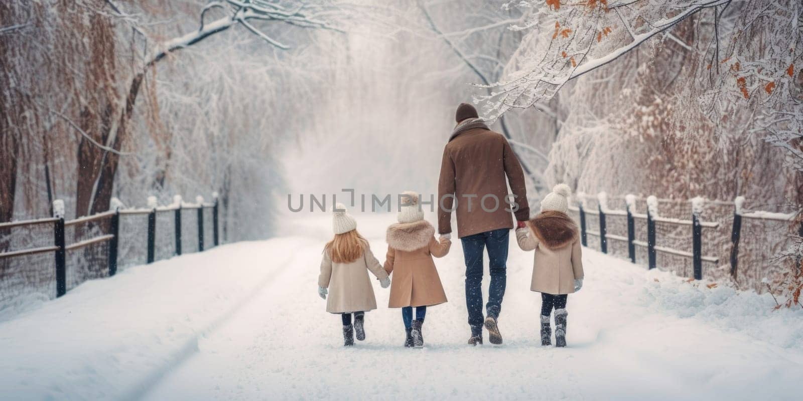 Happy family Father, mother and children are having fun and playing on snowy winter walk in nature. comeliness