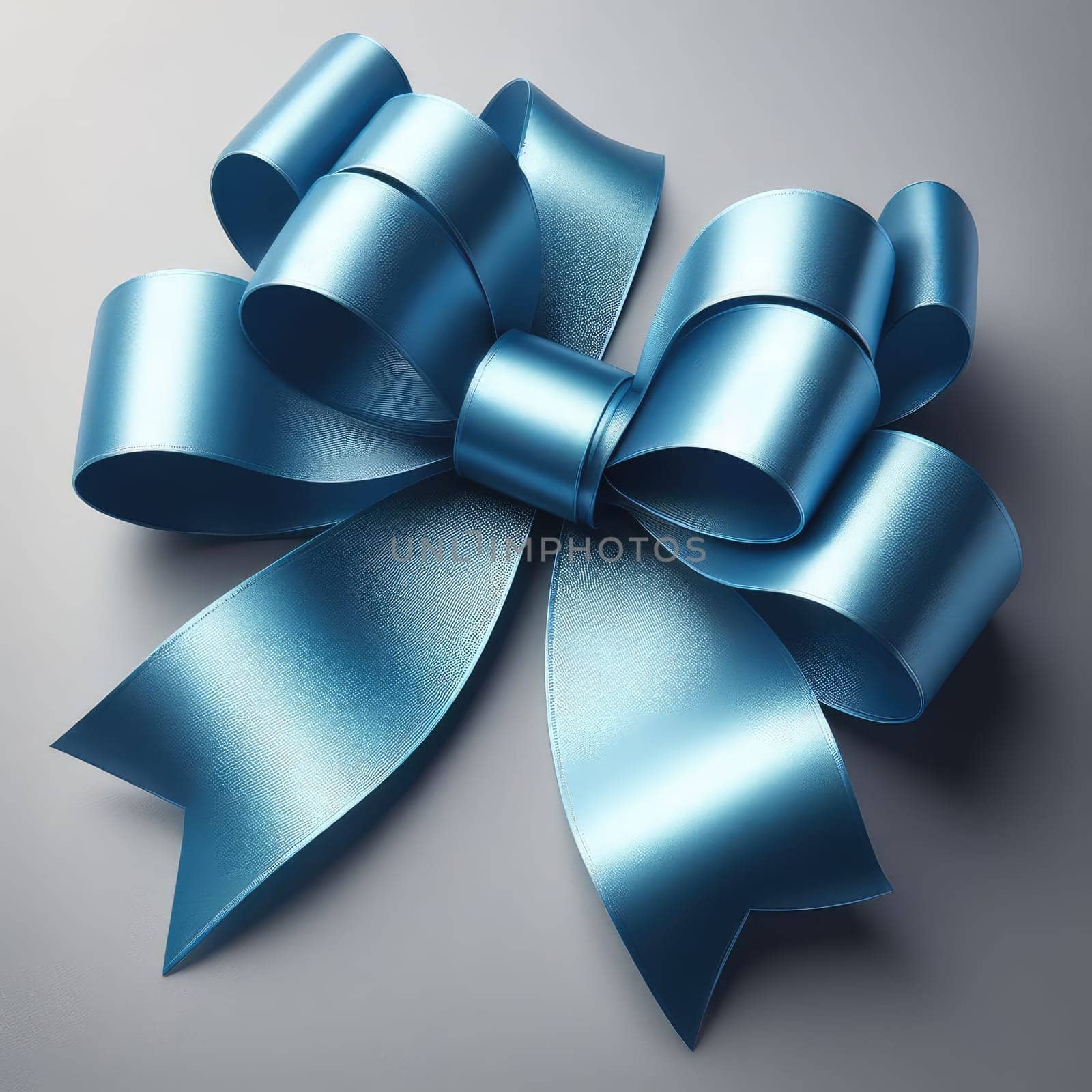 Close-up of open gift box against light blue background. Blue gift ribbon with a bow against a gray background