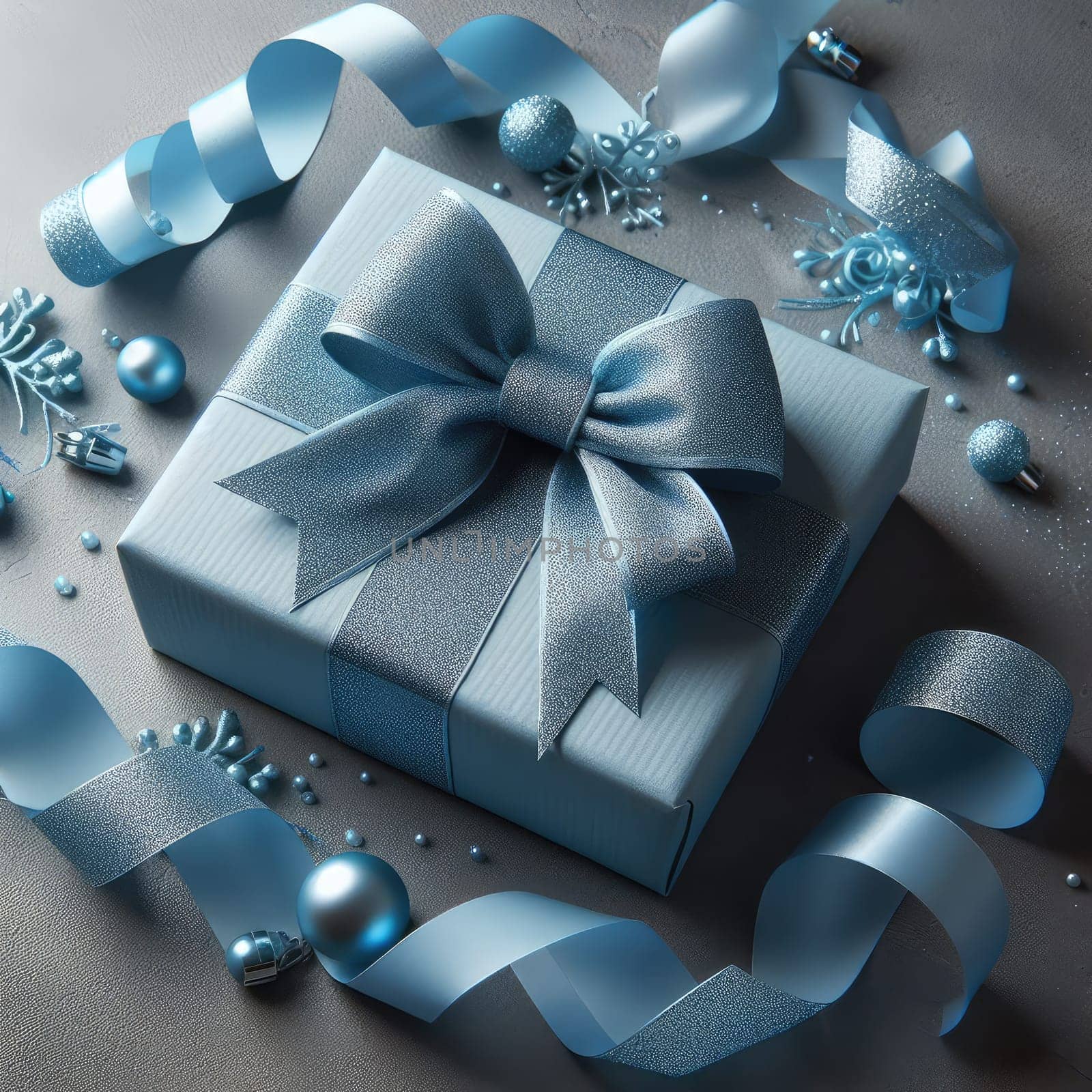 Close-up of open gift box against light blue background. Blue gift ribbon with a bow against a gray background