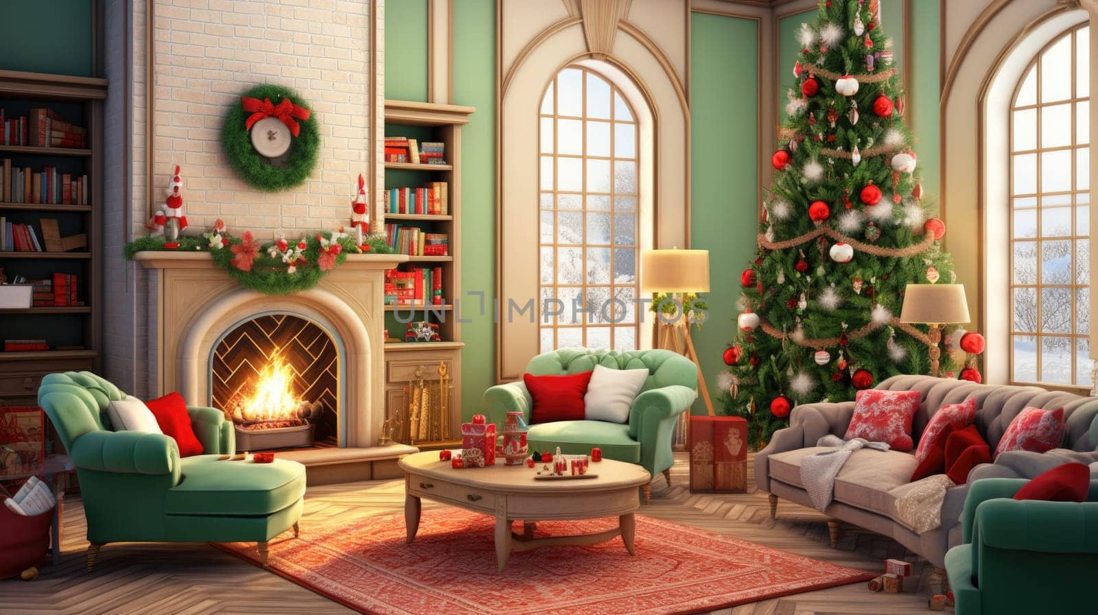 Interior of decorated living room with Christmas tree and comfortable sofa for family comeliness