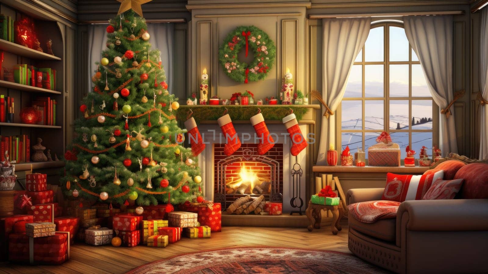 Interior of decorated living room with Christmas tree and comfortable sofa for family comeliness