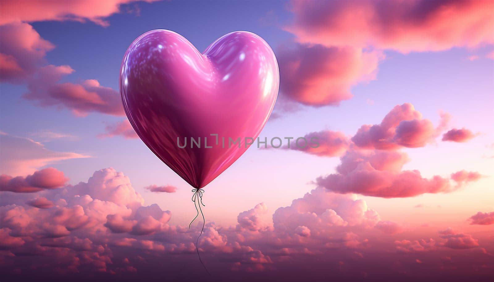 Pink balloon heart shape against colorful blue sunset sky and pink pastel sky in a sunny bright morning. Romantic postcard background on Valentine's Day. Travel and recreation theme Copy space by Annebel146