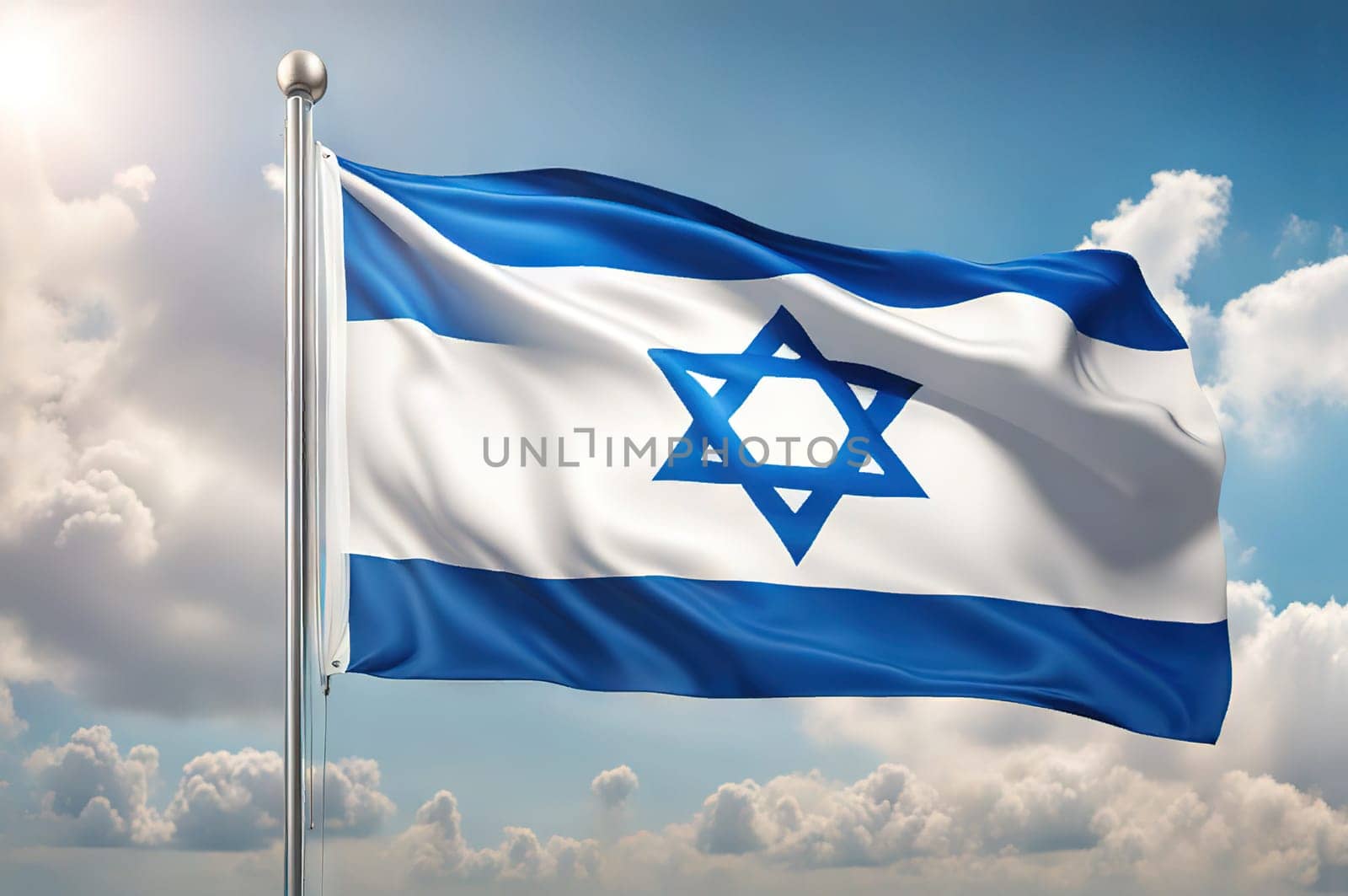 Israel flags with a star David over cloudy sky background. Banner with place by EkaterinaPereslavtseva