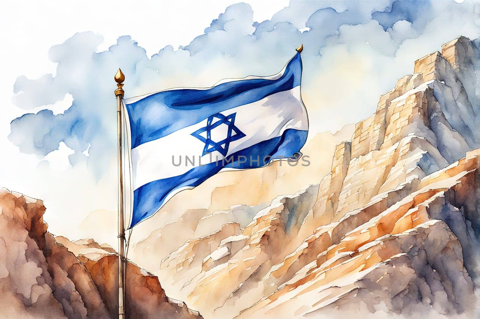 Watercolor flag Israel with Star David against cloudy sky. Banner with place for text.