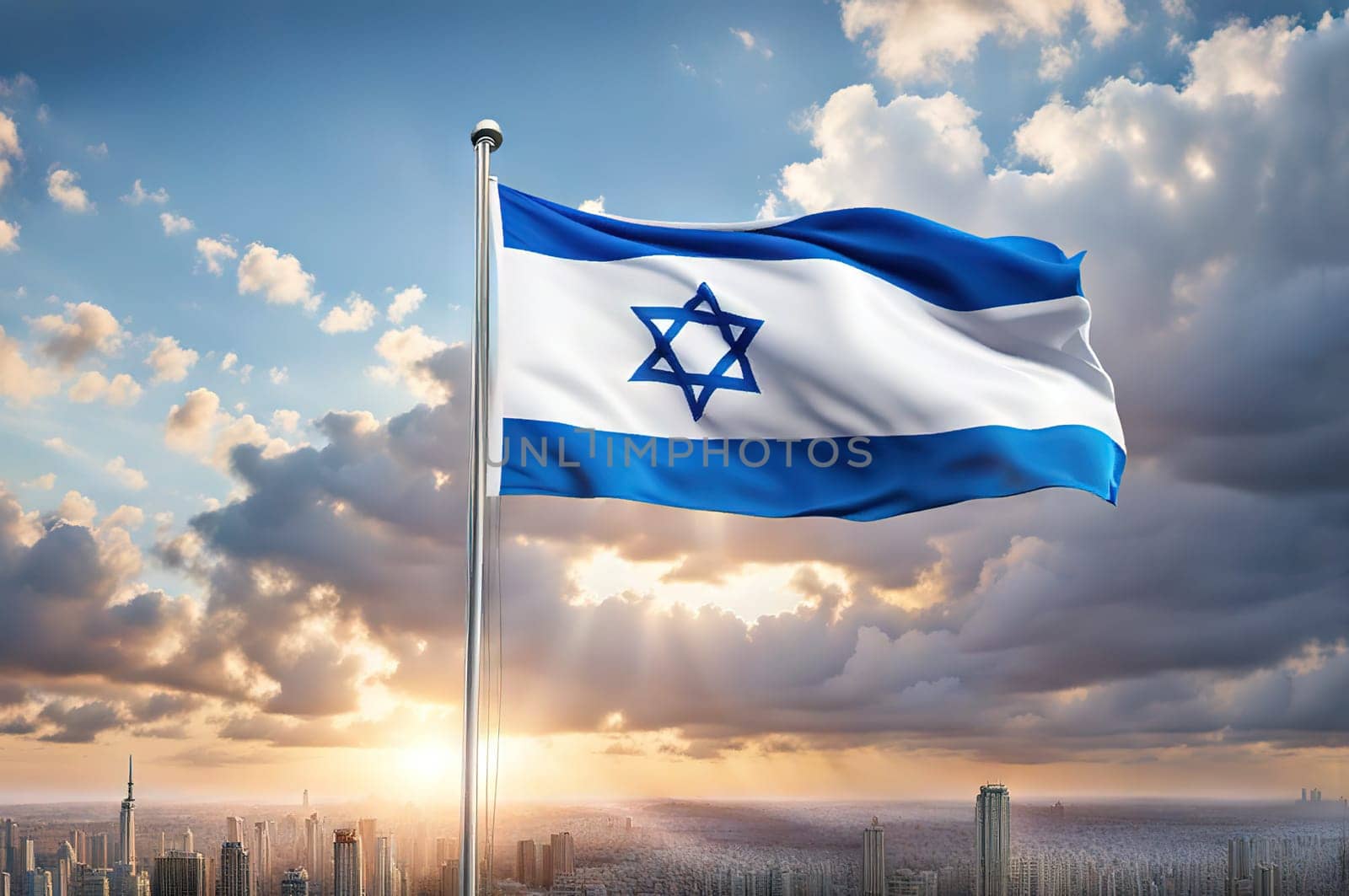 Israel flags with a star David over cloudy sky background. Banner with place for text.