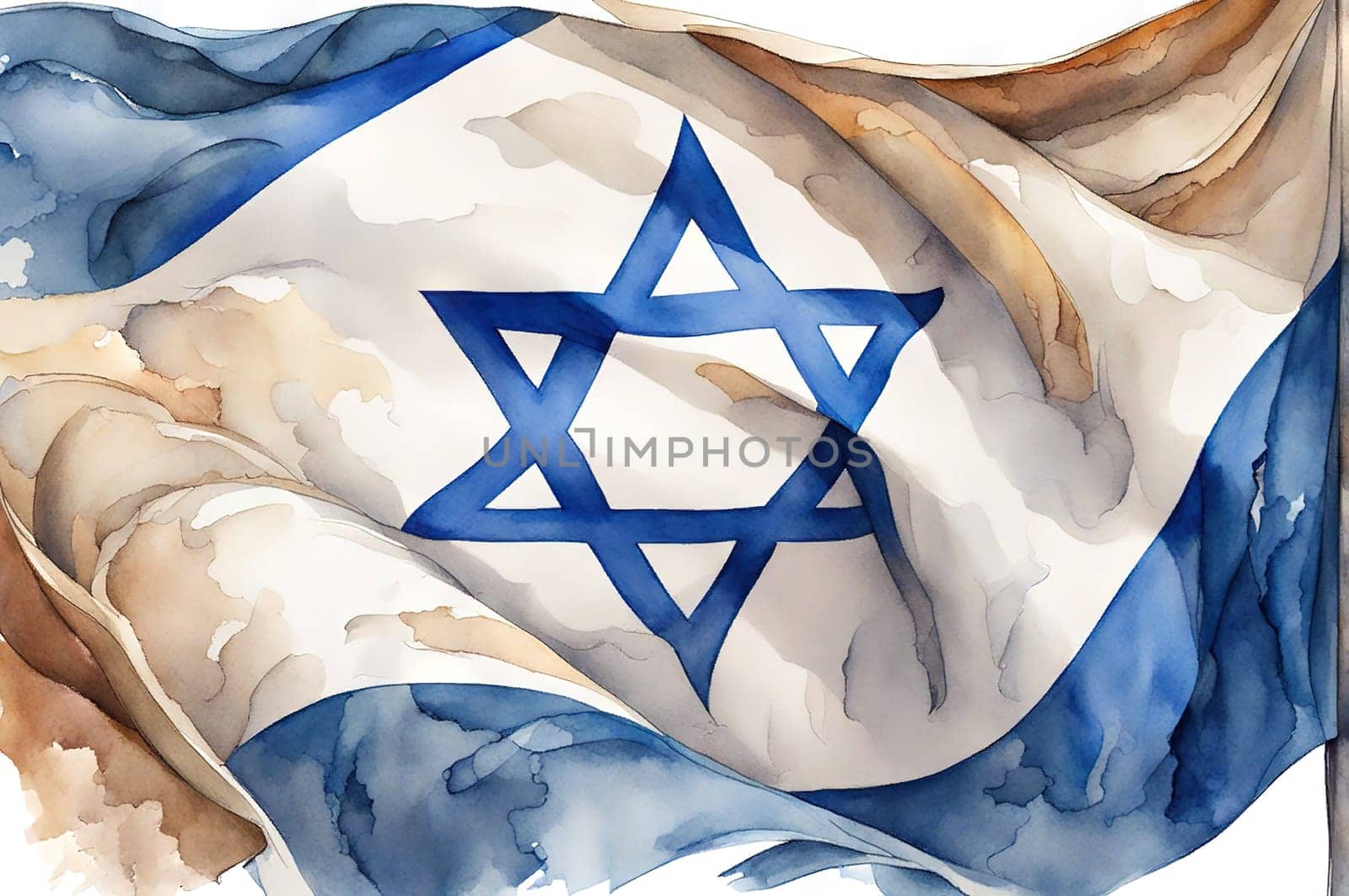 Watercolor flag Israel with Star David against cloudy sky. Banner with place by EkaterinaPereslavtseva