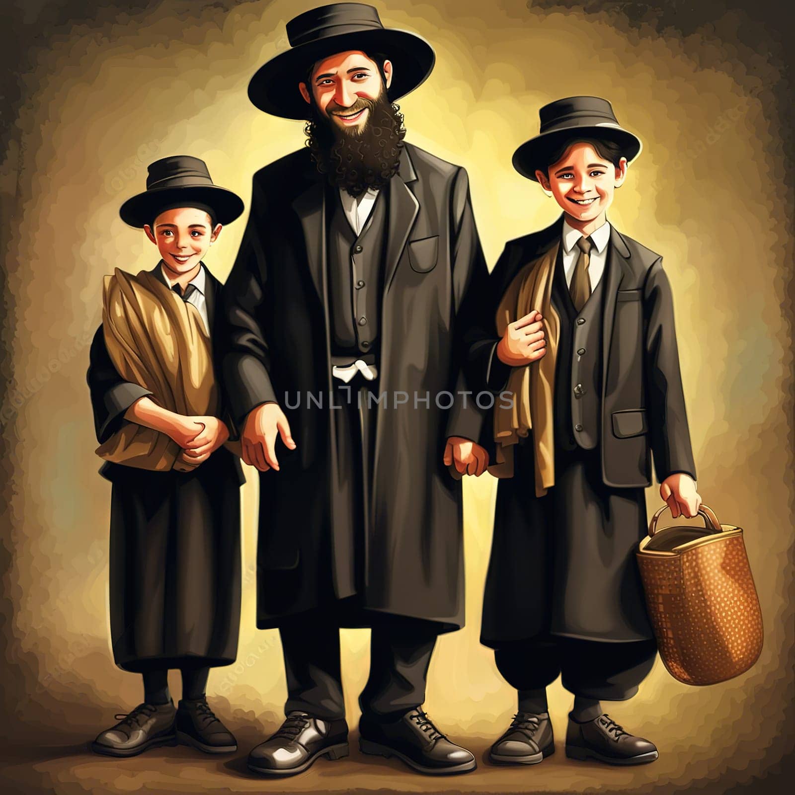 Cartoon Jewish family standing together happy dad and sons Orthodox Jews. by EkaterinaPereslavtseva