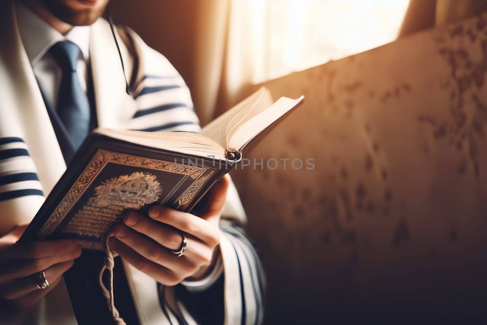 Hasidic Jew reads Siddur. Religious orthodox jew with beard praying quickly in white tallit in a synagogue. Close-up