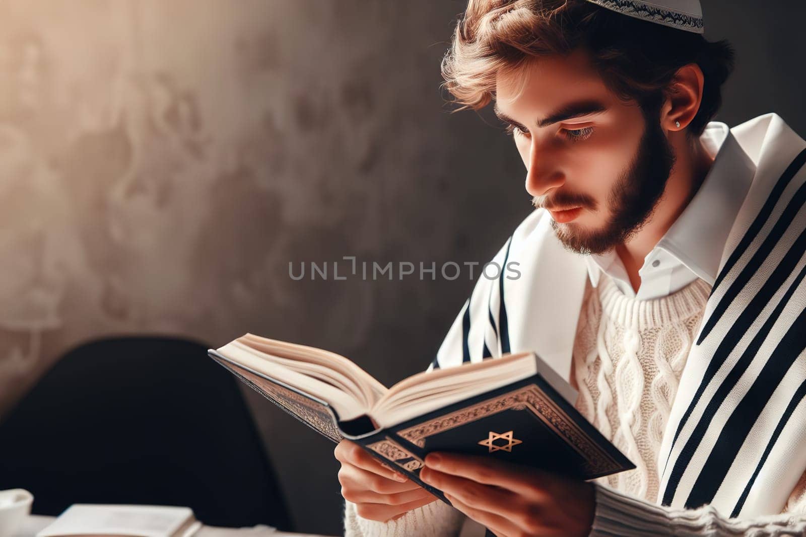 Hasidic Jew reads Siddur. Religious orthodox jew with beard praying quickly in white tallit in a synagogue. Close-up