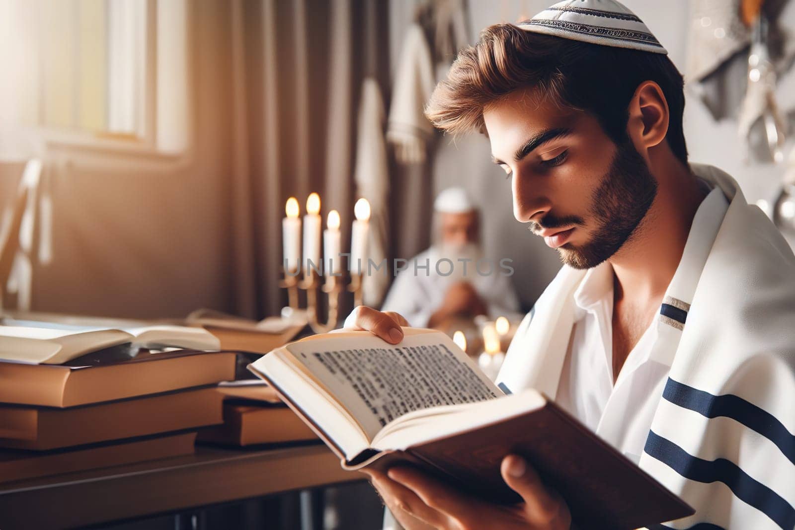 Hasidic Jew reads Siddur. Religious orthodox jew with beard praying quickly in white tallit in a synagogue. Close-up