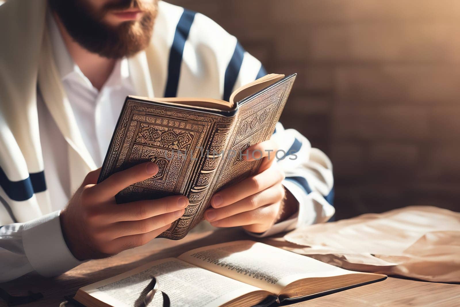 Hasidic Jew reads Siddur. Religious orthodox jew with beard praying quickly in white tallit in a synagogue. Close-up