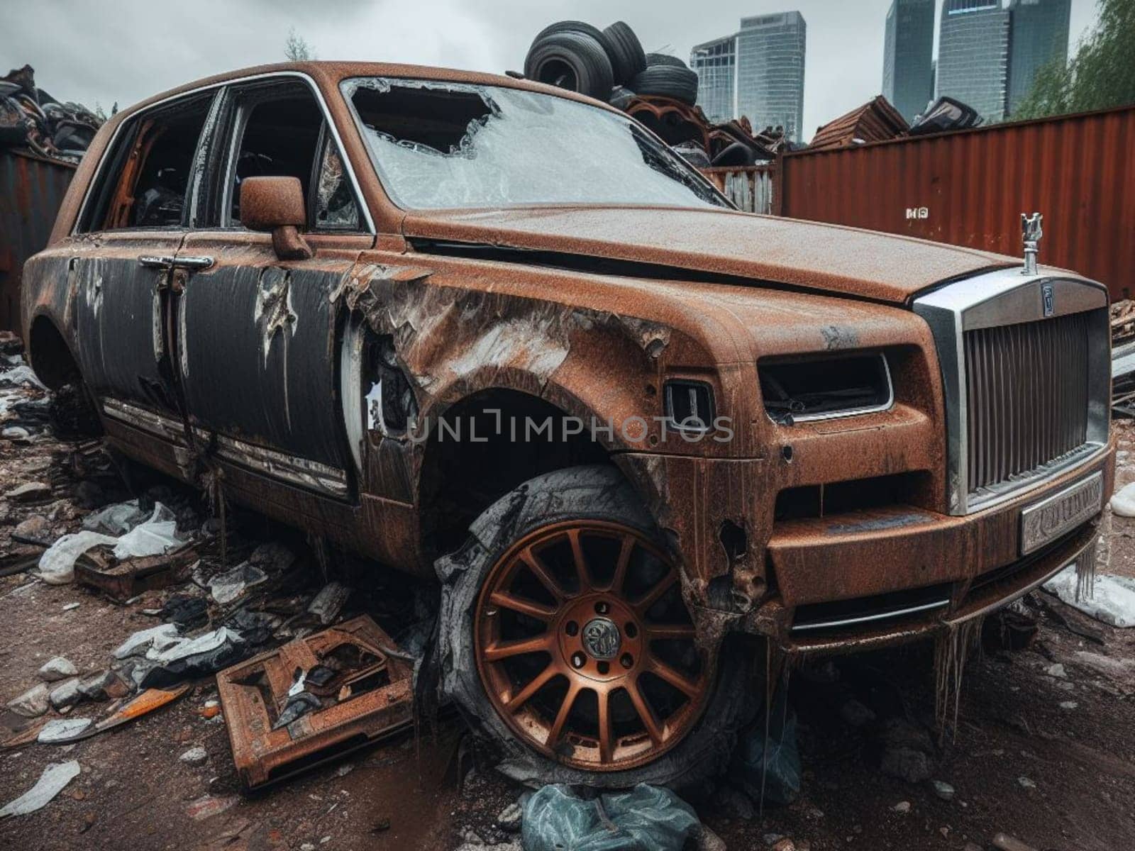 Crashed abandoned rusty expensive atmospheric suv as circulation banned for co2 emission 2030 agenda dystopian concept ai generated