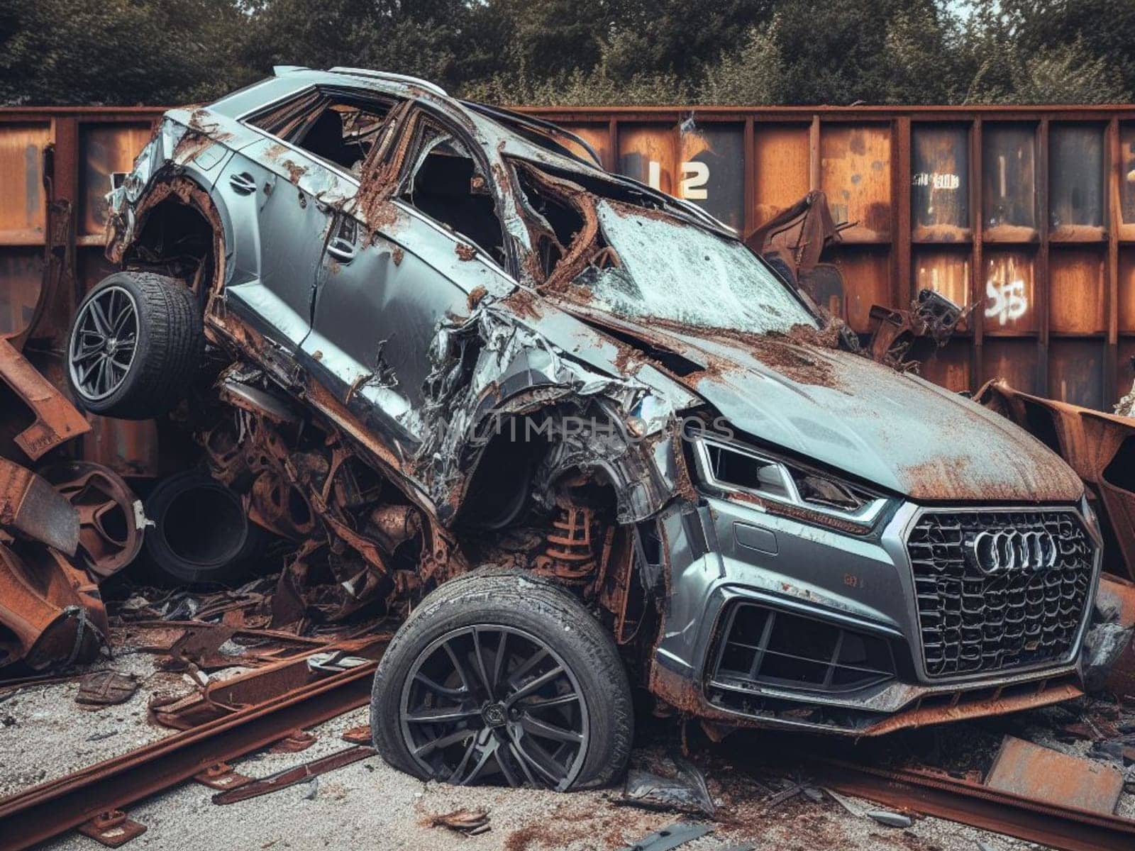 Crashed abandoned rusty expensive atmospheric suv as circulation banned for co2 emission 2030 agenda dystopian concept ai generated