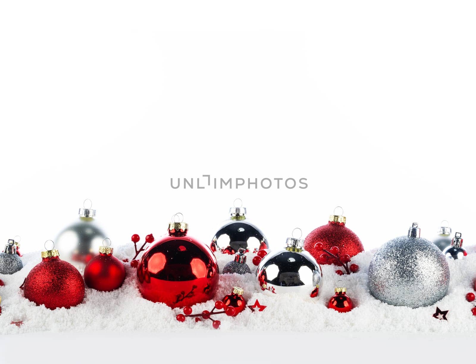 red and silver christmas balls long frame on snow by Yellowj