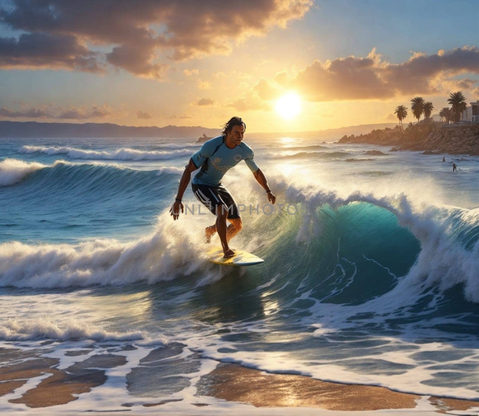 one male surfer catch waves in the sea at sunset in idyllic place beach ai generated