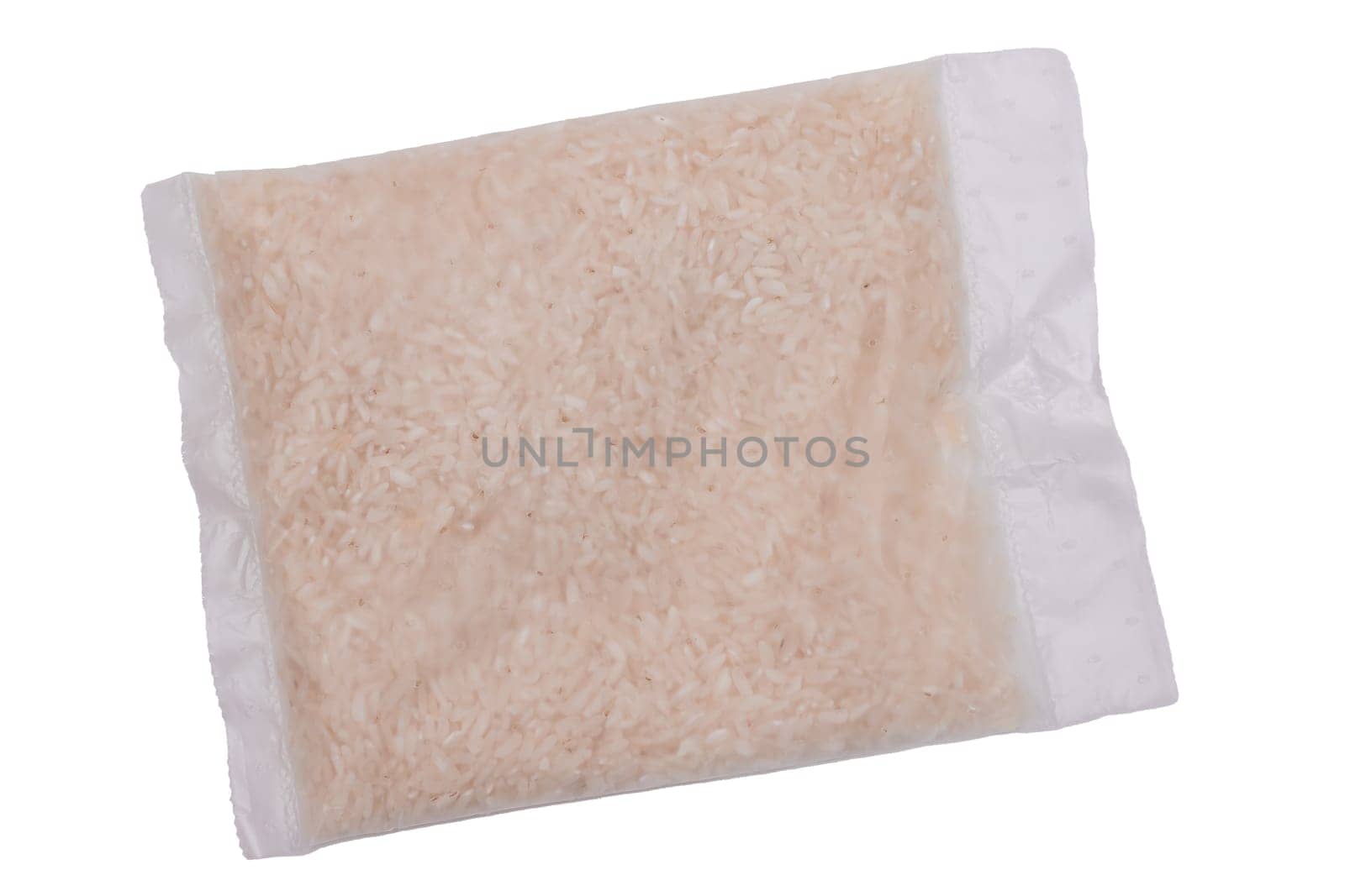 A Plastic Bag of White Long Grain Rice - Isolated on White Background. Small Transparent Package with Dry Rice - Isolation