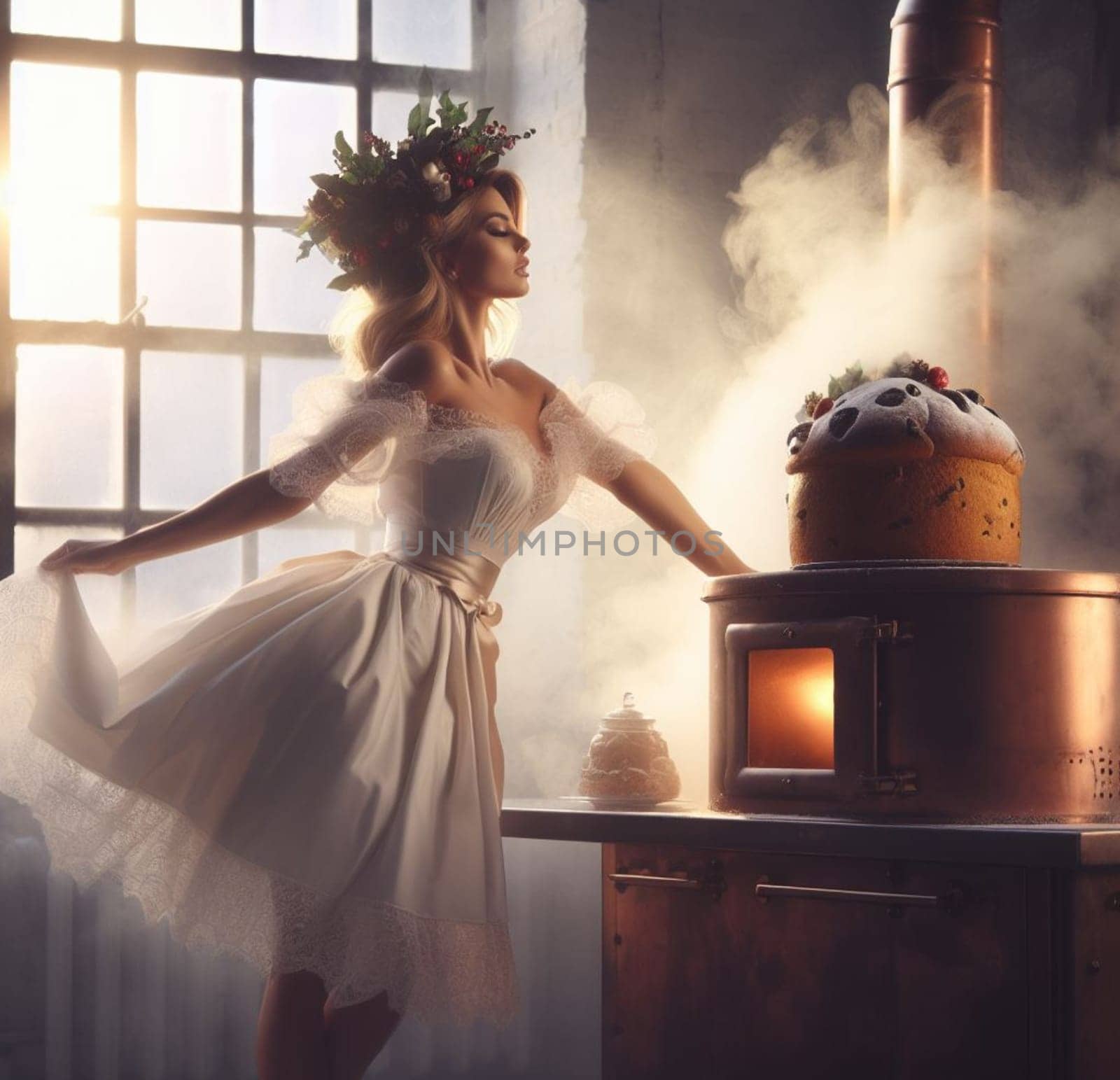 glamourous chef in steampunk kitchen with windiwn natural light cooking posing dancing singing illustration generative ai art