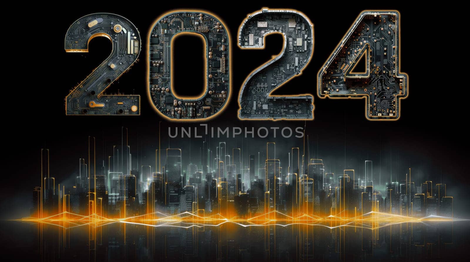 2024 new year, digital technology concept above futuristic city skyline by biancoblue