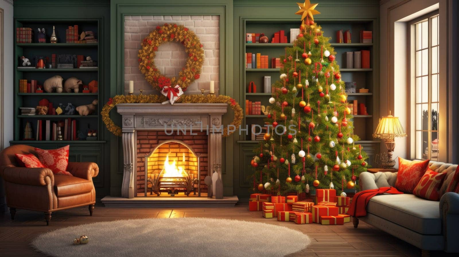 Interior of decorated living room with Christmas tree and comfortable sofa for family comeliness