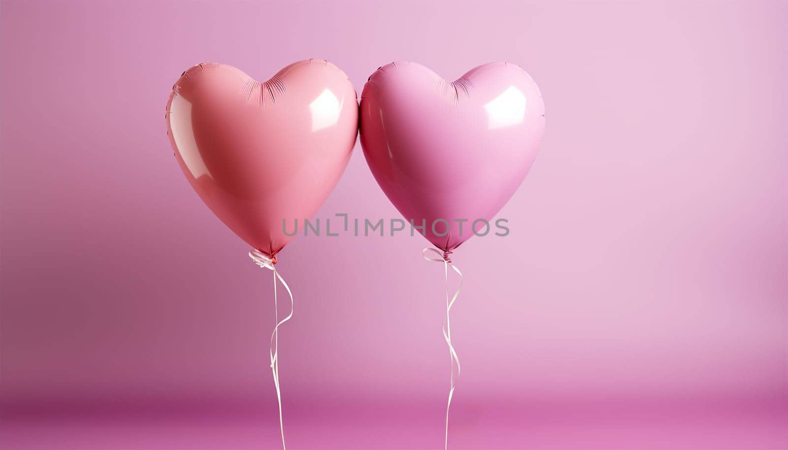 Two pink heart shaped balloons on pastel pink background copy space. Valentine romantic theme deign 3D. Valentine's day background. by Annebel146