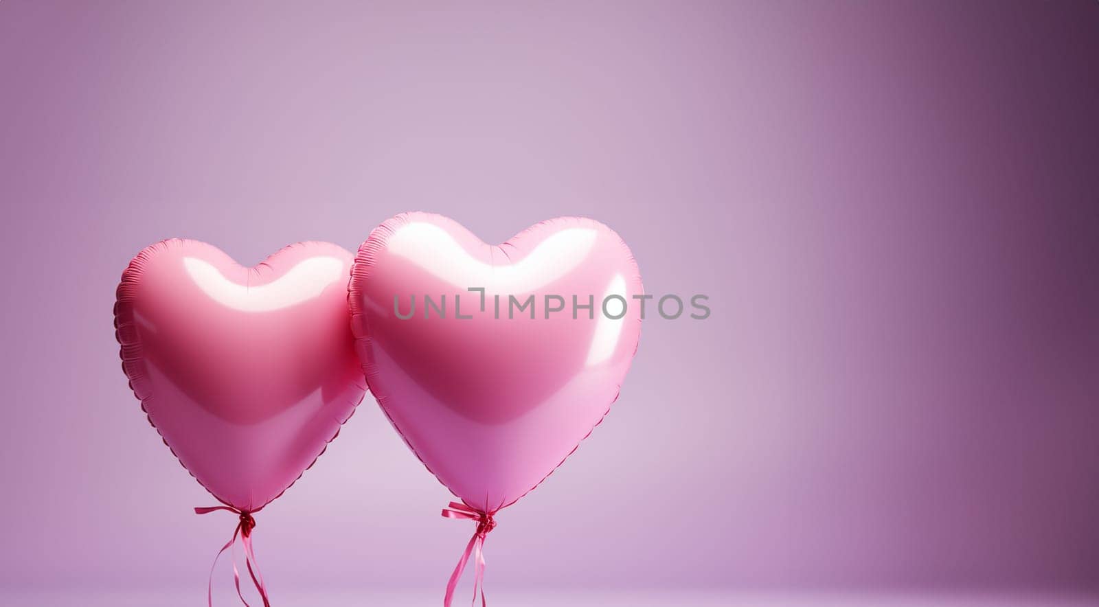 Two pink heart shaped balloons on pastel pink background copy space. Valentine romantic theme deign 3D. Valentine's day background. Space for text